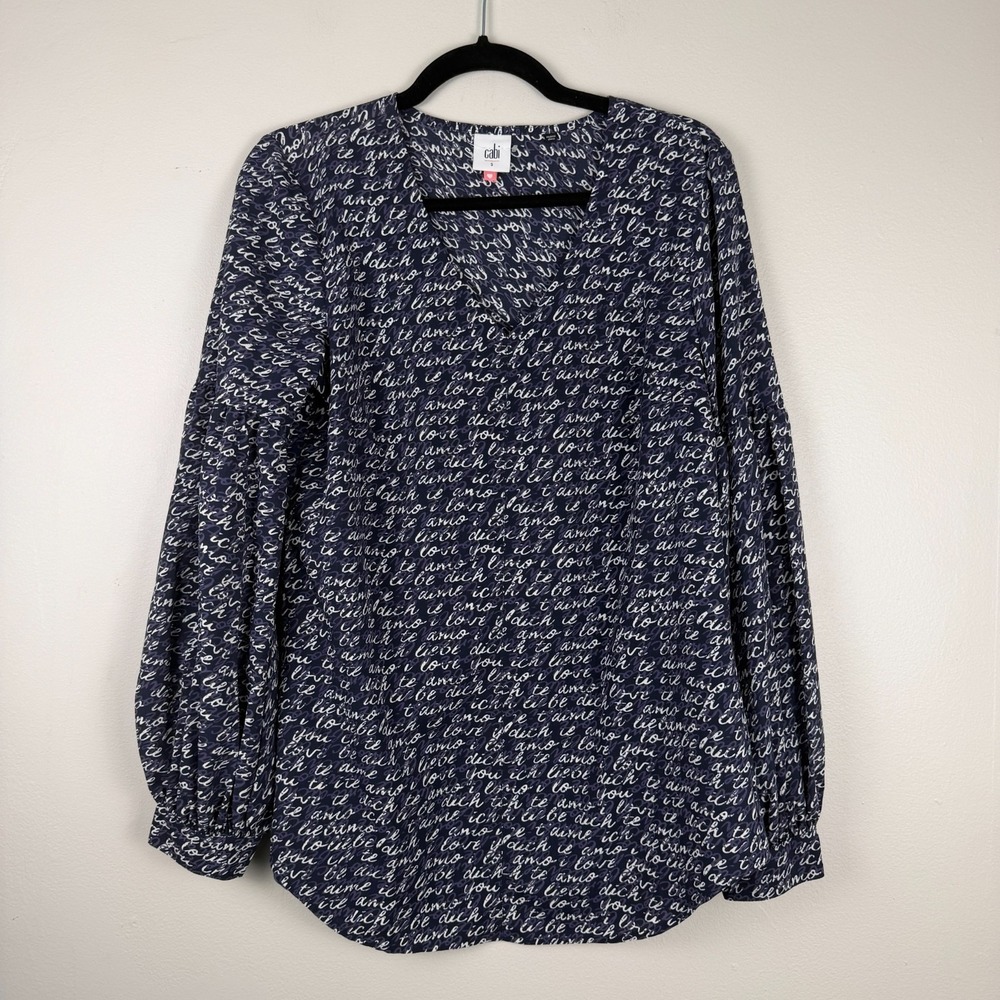 Cabi Te‎ Amo Blouse Women's Small Navy White Love Script V-Neck Balloon Sleeve